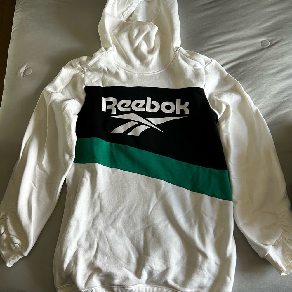 Reebok Men's White and Black Sweatshirt with Green Accent